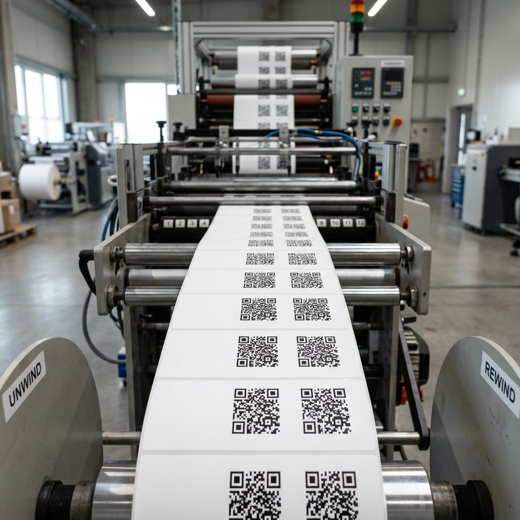 Hands applying a PPWR label with QR code to a shipping box