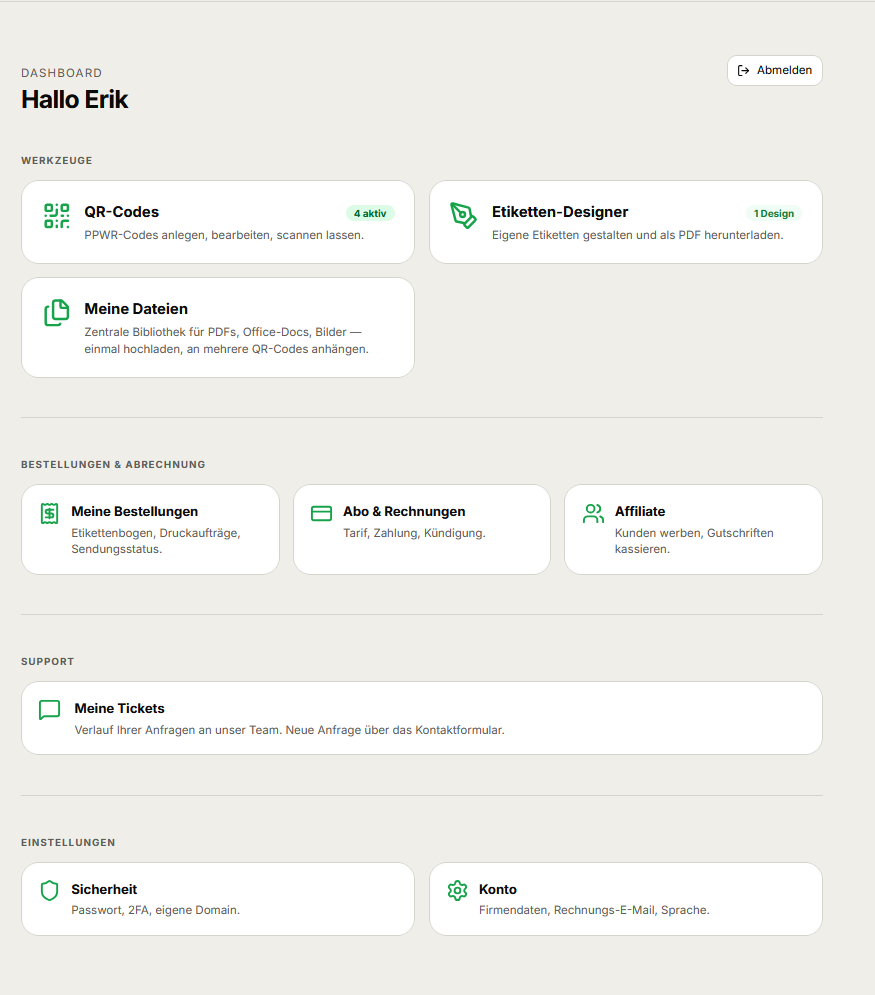 PPWR-QR-Code Dashboard mit Werkzeugen, Bestellungen und Einstellungen