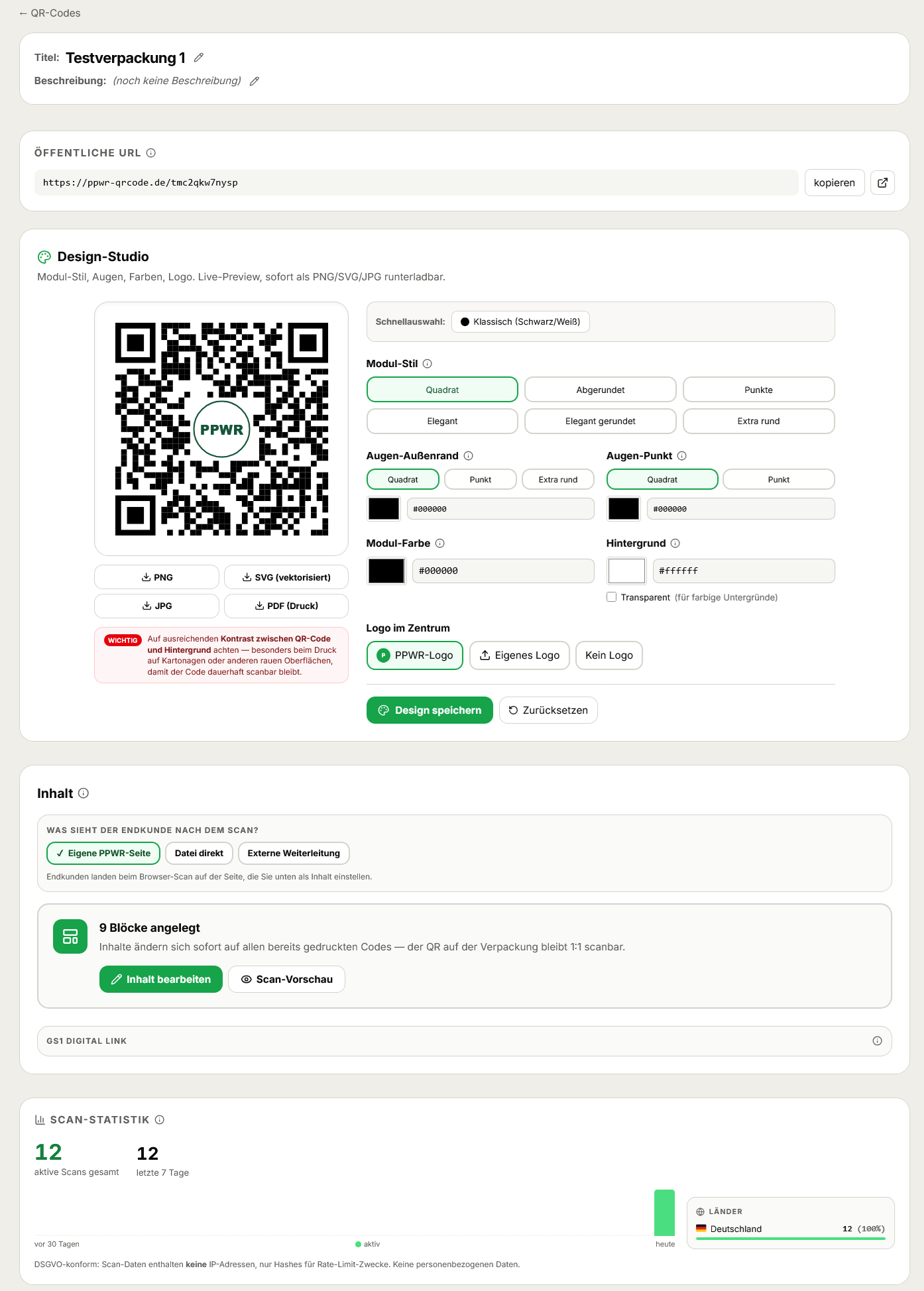QR-Code-Editor mit Design-Studio, Download-Bereich, Inhalt und Statistik