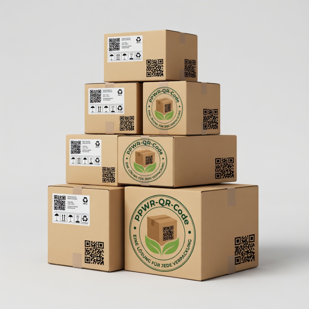 Scatole di spedizione impilate con sigillo PPWR-QR-Code ed etichette di conformità