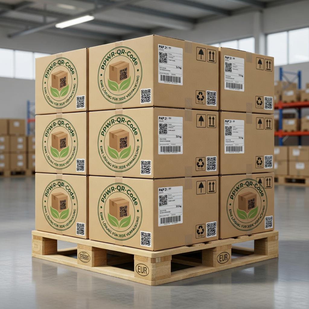 Industrial pallet with PPWR-branded boxes
