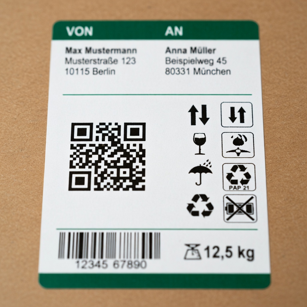 Etichetta di spedizione conforme al PPWR con codice QR e pittogrammi obbligatori
