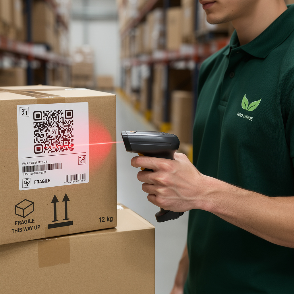 Employee scanning a PPWR label with an industrial scanner