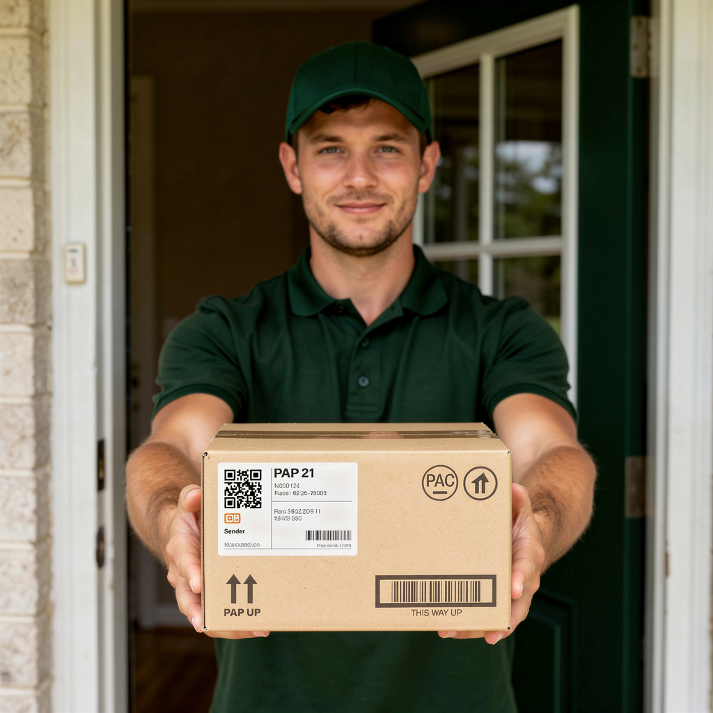 Delivery driver handing over a PPWR-compliant parcel at the front door