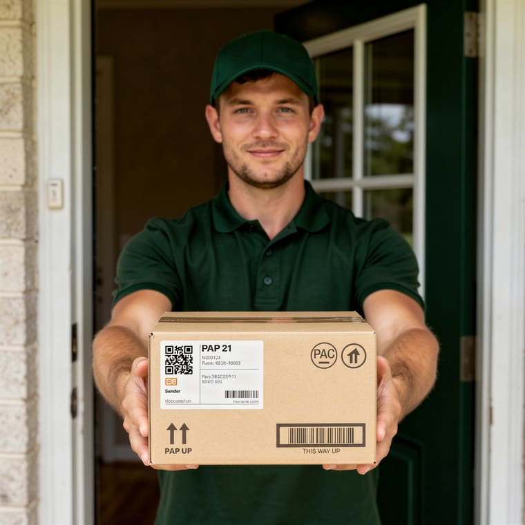 Paketbote übergibt PPWR-konformes Paket an der Haustür