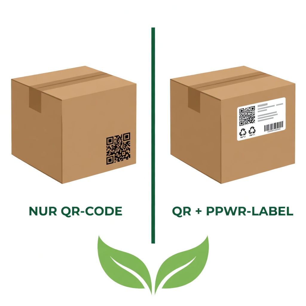 Confronto: scatola con solo codice QR vs. scatola con QR + etichetta PPWR