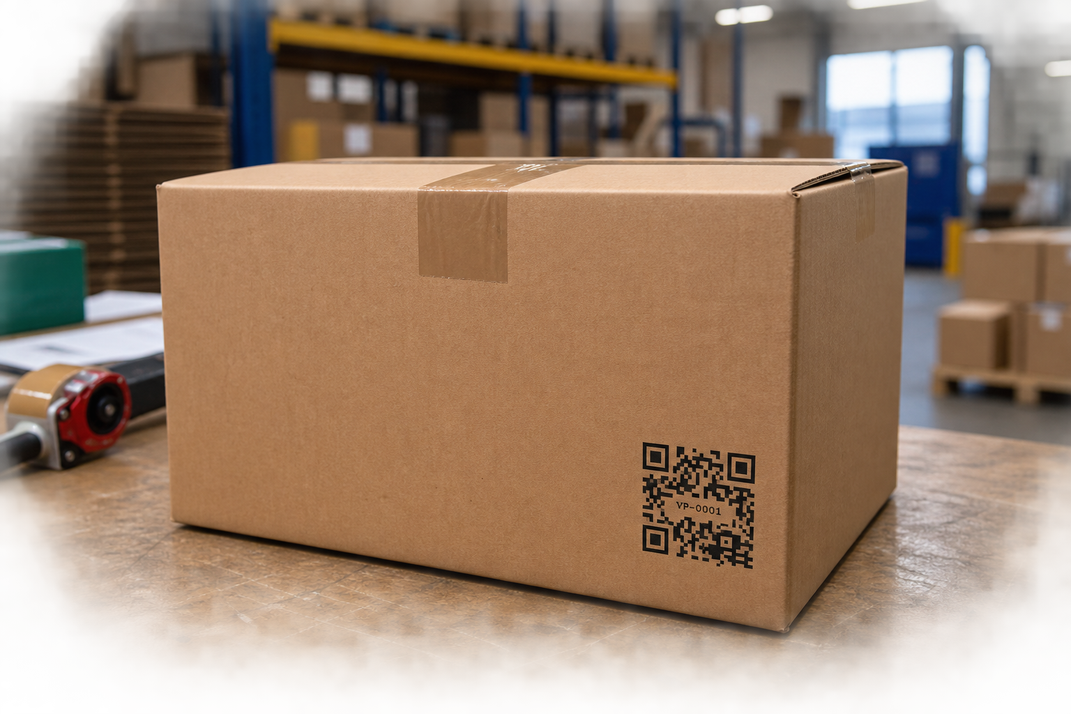 Cardboard box with PPWR labelling and QR code in a packing warehouse