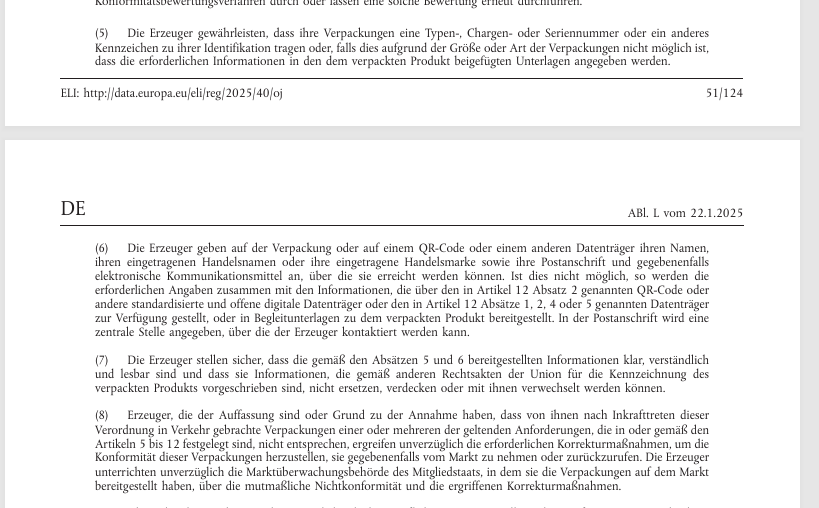 Auszug Artikel 15 Abs. 6 PPWR mit Kennzeichnungspflichten