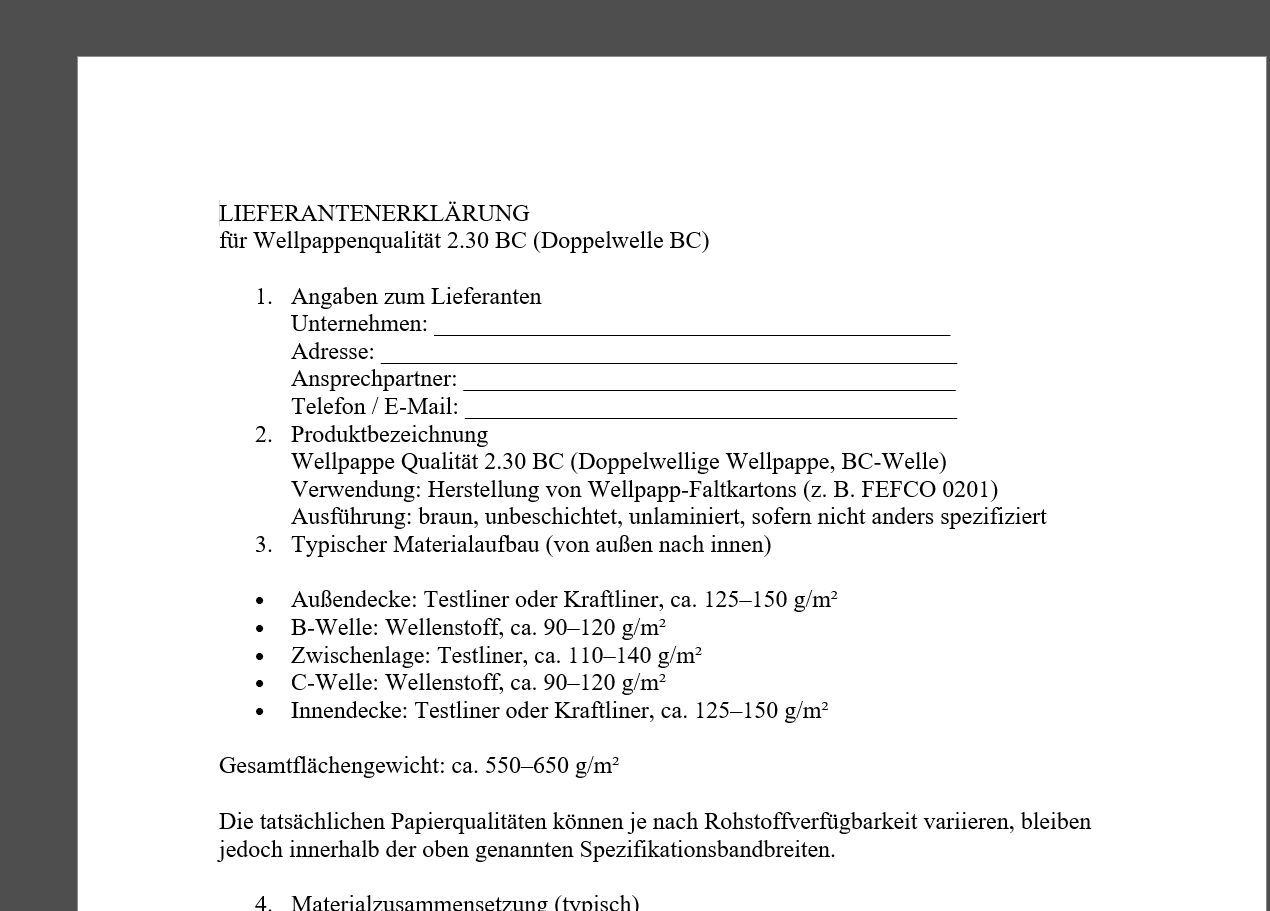 Muster Lieferantenerklärung Wellpappe